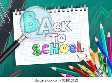 Back to school background with colorful pencils and notepad
