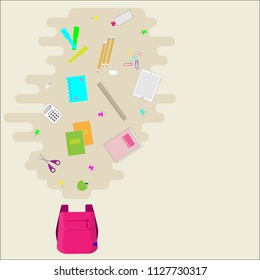 Back to school background with colorful school supplies set, vector illustration.