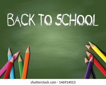 Back to school background with coloured pencils on a chalkboard