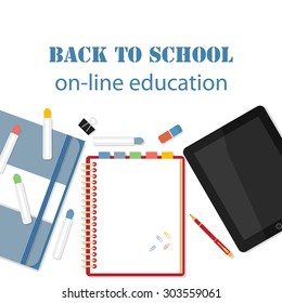 Back to school background. Concept of banner for online education with flat designed objects isolated on white.