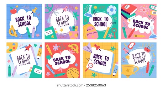 Back to school background cover, card and banner templates with education stationery and supplies pattern design vector illustration for science subjects, art classes and mathematics lessons