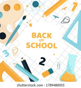 Back to School background with cute colorful stationery . Vector illustration.