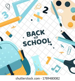 Back to School background with cute colorful stationery . Vector illustration.