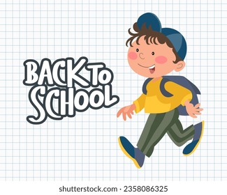Back to school background with cute schoolboy with school bag and calligraphy on school notebook checkered background. Illustration, vector
