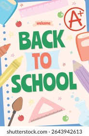 Back to school background with cute school supplies.