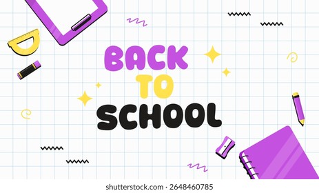 Zurück zum Schulhintergrund Design mit Schreibwaren Elemente auf weißem Hintergrund. Einfach und minimalistisch Zurück zur Schule Grußvorlage