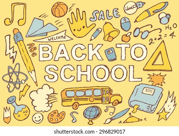 Back to school background design template, big set of icons, hand drawn vector illustration.