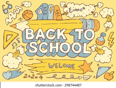 Back to school background design template, big set of icons, hand drawn vector illustration.