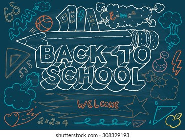 Back to school background design template, big set of  icons on chalkboard, hand drawn vector illustration.