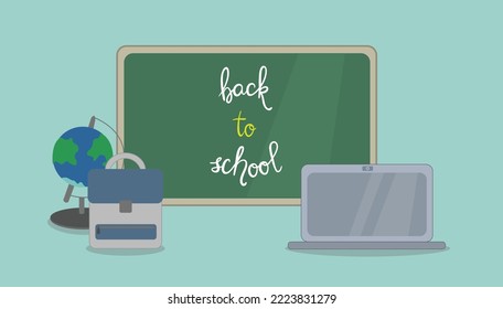 Back to school background with desk, laptop, school bag and globe. Vector illustration for cards, posters, flyers, webs.