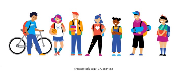 Back to school background, diversity concept for children - schoolboys and schoolgirls of different ethnicities standing together