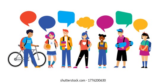 Back to school background, diversity concept for children - schoolboys and schoolgirls of different ethnicities standing together