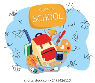 garabato de fondo de vuelta a la escuela con ilustración de bolsa y útiles escolares