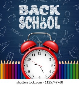 Back to school background with doodle elements on chalkboard, clock and colorful pencils