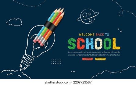 Back to School background with doodle light bulb and rocket pencil launching to space. Online learning and Web page template, Digital Education concept