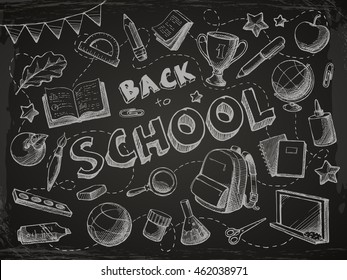 Back to school background in doodle sketch style. Vector education objects and text illustration. Bag, winner cup, chalk board, stationery, book, notebook, paint, ball, globe, paint, flag.