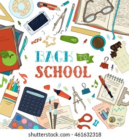 Back to School background. Doodle stationery and school subjects on white background. Books, colored pencils, brushes, compass, clips, scissors and others. Vector illustration.