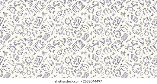 Back to school background in doodle style. Education, science concept seamless pattern with school supplies notebook, globe, calculator, calendar, brush, backpack.
