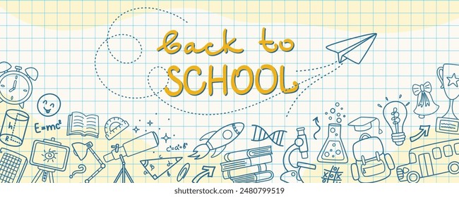 Back to school. Background with doodle supplies. School notebook concept with sketches. Flat design. Vector illustration.
