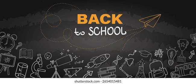Back to school. Background with doodle supplies. Concept of green school blackboard with chalk sketches. Flat design. Vector illustration.
