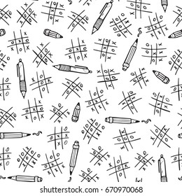 Back to school background. Doodle TIC TAC toe game, pen and pencil Vector Seamless pattern
