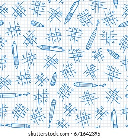 Back to school background. Doodle TIC TAC toe game, pen and pencil Vector Seamless pattern