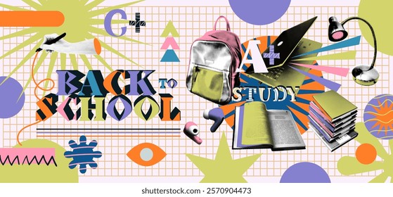 Back to school background. Education banner. Collage art. Student sticker paper. Book open design. Textbook and backpack. University study. Career and learning. Vector halftone contemporary banner