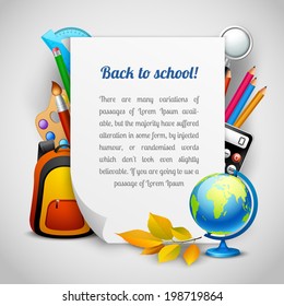 Back to school background with education elements and paper sheet vector illustration