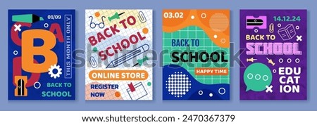 Back to school background. Education flyer. Students stationery. Abstract pattern. University studying flat icons. Books read. Online shop banner. Creative design text letters. Vector tidy posters set