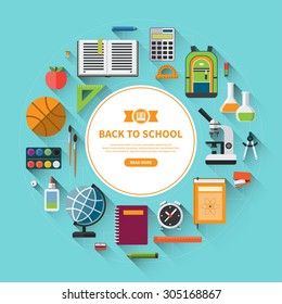 Back to school background with education icon set. School supplies-schoolbook, notebook, pen, pencil, paints, stationary, training aids, ball, school bag etc. Place for text. Flat vector illustration