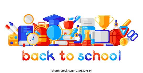Back to school background with education icons. Illustration in trendy flat style.
