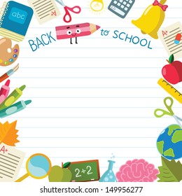 back to school - background with education icons and notebook paper