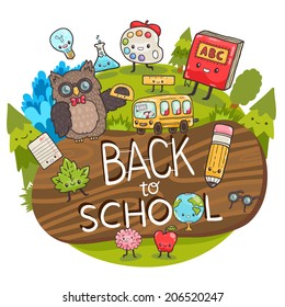 back to school - background with education icons and owl