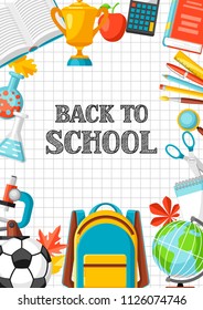 Back to school background with education items. Illustration of colorful supplies and stationery.