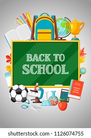 Back to school background with education items. Illustration of colorful supplies and stationery.