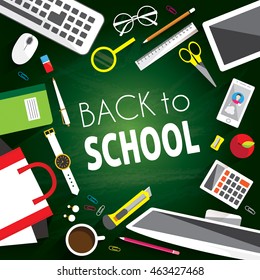 Back to school background with flat icon set on chalkboard.  Vector flat illustration. Education concept.