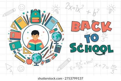 Back to school background. Flat lay illustration of a child reading a book surrounded by school supplies and some scribbled math formulas. A cheerful educational concept.