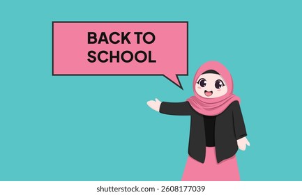 Back to school background. Flat style female character wearing hijab and uniform cartoon illustration
