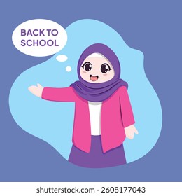 Back to school background. Flat style female character wearing hijab and uniform cartoon illustration