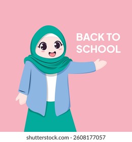 Back to school background. Flat style female character wearing hijab and uniform cartoon illustration