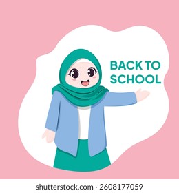 Back to school background. Flat style female character wearing hijab and uniform cartoon illustration
