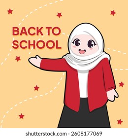 Back to school background. Flat style female character wearing hijab and uniform cartoon illustration