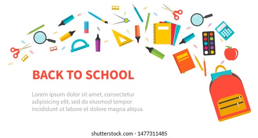 Back to school background with flying school supplies set, vector illustration. For banner, flyer, ad