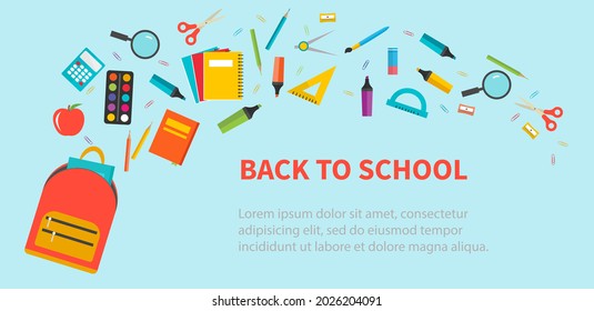 Back to school background with flying school supplies set, vector illustration. For banner, flyer, ad