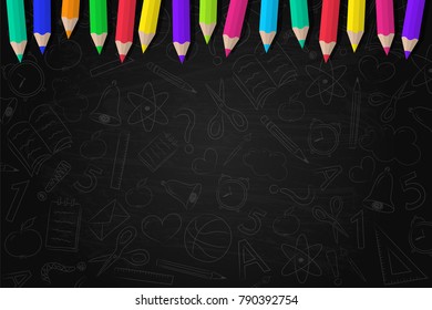 Back to school - background with funny doodles and colored pencils. Vector.