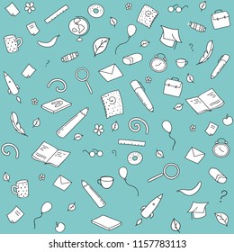 Back to school background. Funny seamless pattern with  creative elements. Hand drawn vector doodle