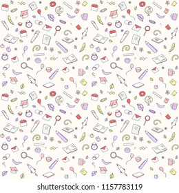 Back to school background. Funny seamless pattern with  creative elements. Hand drawn vector doodle