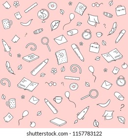 Back to school background. Funny seamless pattern with  creative elements. Hand drawn vector doodle