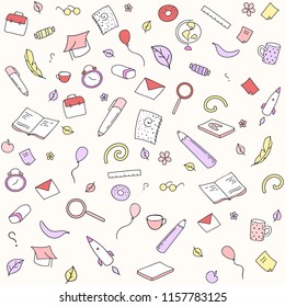 Back to school background. Funny seamless pattern with  creative elements. Hand drawn vector doodle