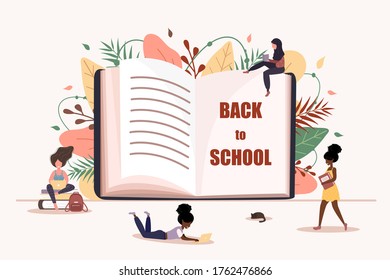 De vuelta a la escuela. Chicas leyendo un libro en sus manos. Estudiantes inteligentes. Examen. Ilustración vectorial moderna en estilo plano.
